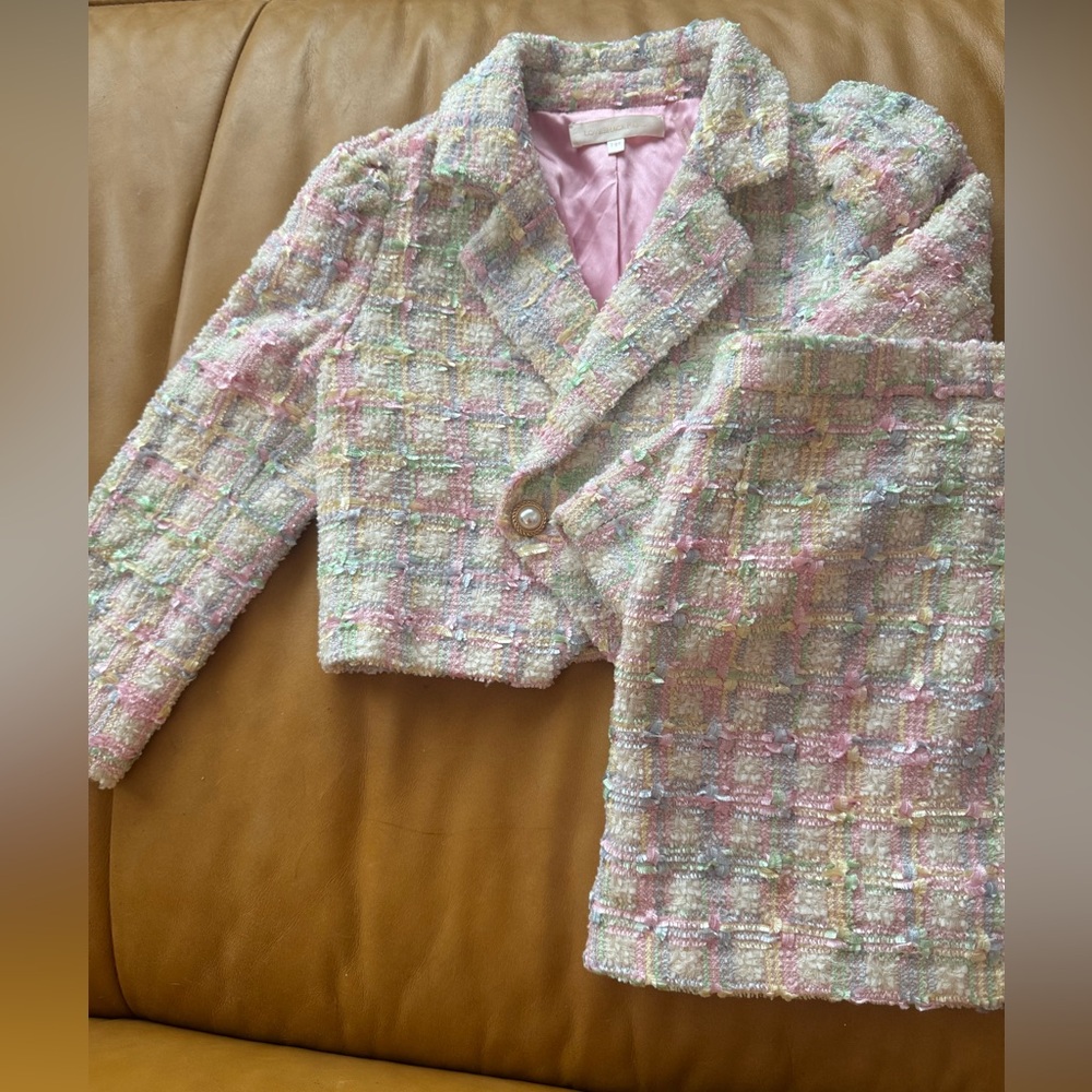 LoveShackFancy Pink and Green Blazer with Bouclé Texture